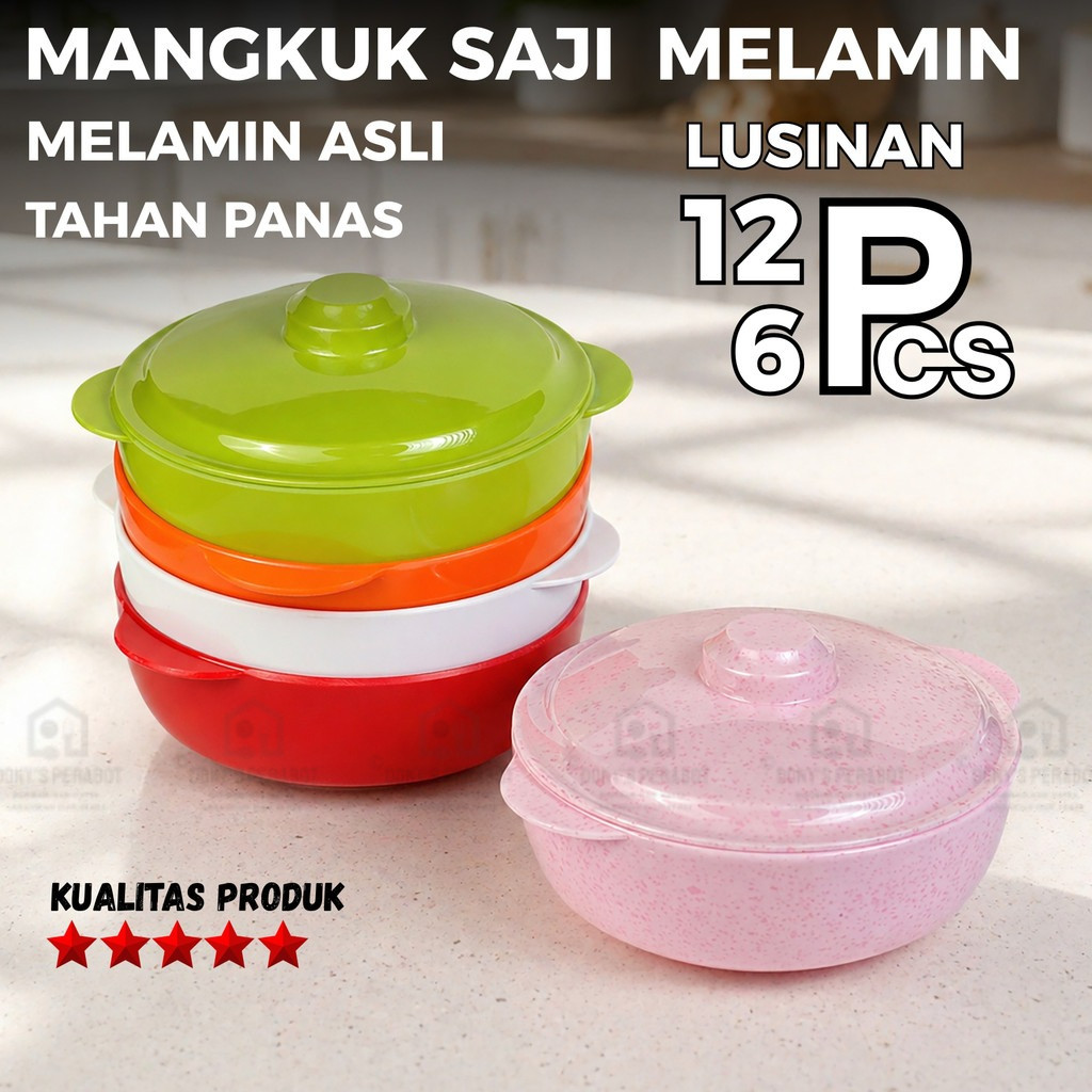 LUSINAN Mangkuk Saji Melamin + Tutup | Wadah Sayur Prasmanan | Mangkuk Besar Melamin Asli Tahan Pana