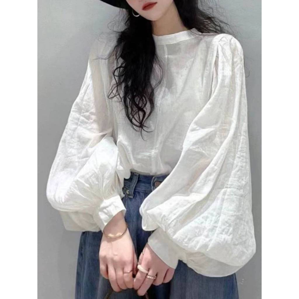 Kemeja wanita lengan panjang model lentera warna putih berbahan linen tencel berkualitas tinggi Keme