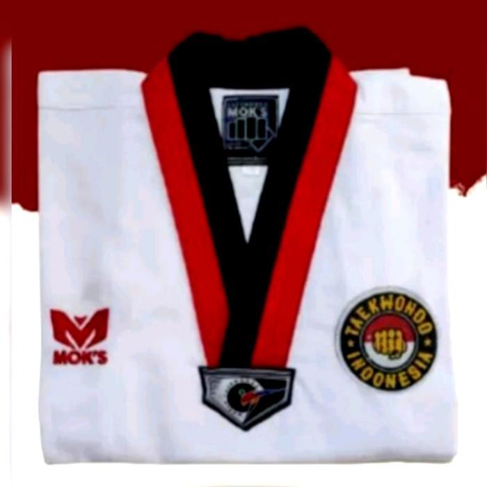 Baju seragam Taekwondo/DOBOK moks pemula MOK'S kerah putih/merah hitam - Htm Merah, 180cm
