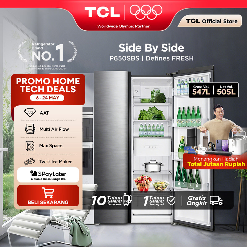 TCL Kulkas 2 Pintu Side by Side – Kapasitas 547L - Metal Gray - Inverter - Lemari Es - P650SBS