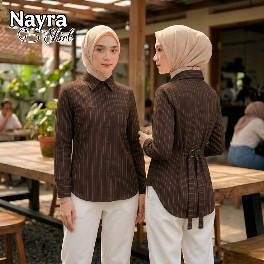 Kemeja Motif Stripe Putih Cewek Jumbo Wanita Bahan Rayon Adem
