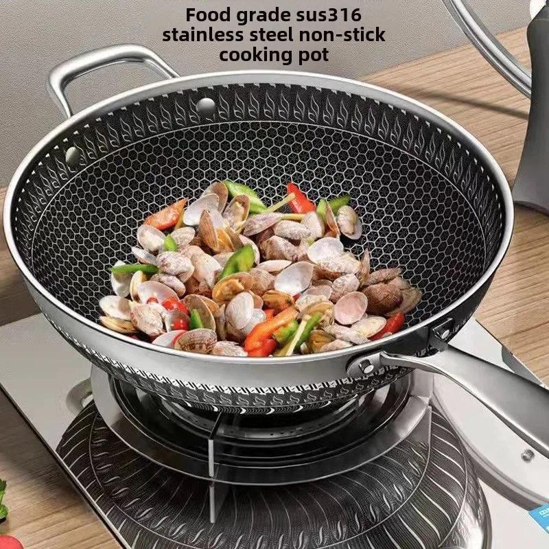 Double-sided screen 316 stainless steel wok Non-coated wok non-stick household induction cooker gas 