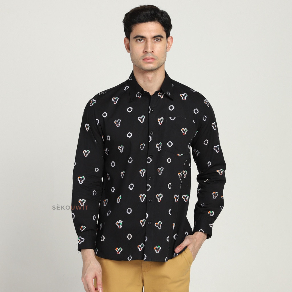 Kemeja Batik Pria DAMAR Kemeja Formal Batik Jumputan Lengan Panjang Sekouwit - Black