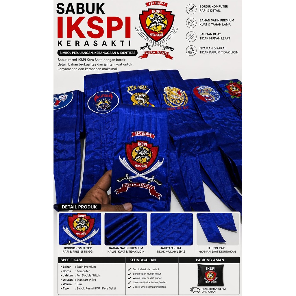 READY SABUK DUPLIKAT BIRU IKSPI KERASAKTI,  LOGO BORDIR PANJANG 3 METER