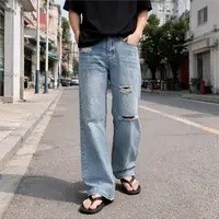 Celana Jeans Pria Wide Leg Sobek Fashion Street Style Warna Biru Muda High Waist Denim Longgar Casua