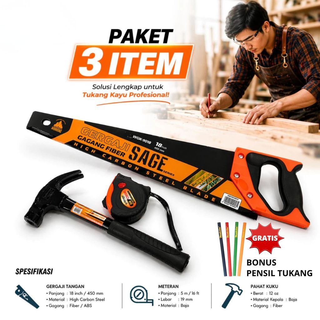 PAKET TUKANG MURAH - Gergaji Kayu Baja Asli Siap pakai- Palu kambing Gagang Besi , Meteran Viper - g