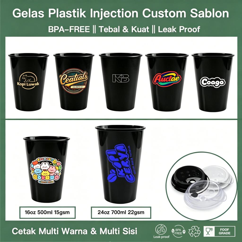 Sablon Gelas Plastik Injection Hitam Black 16oz 24oz | Custom Logo Multiwarna Multisisi | Gratis Des