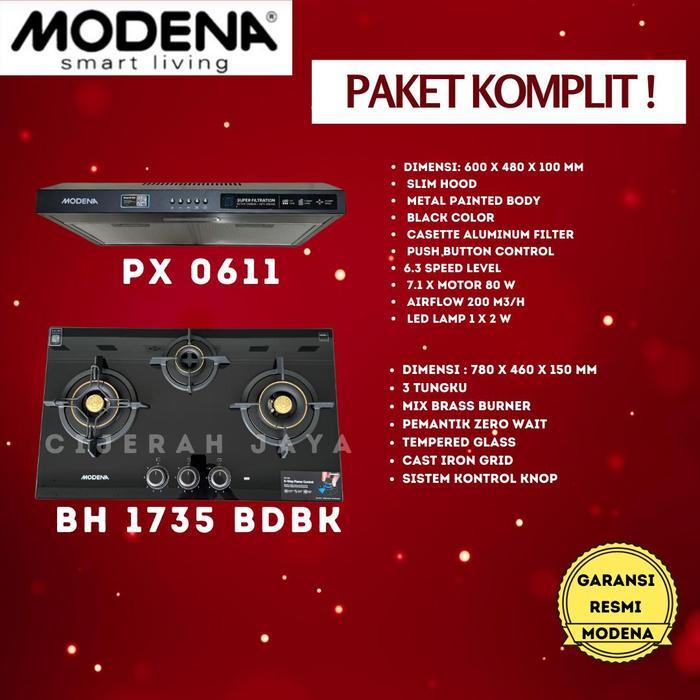 PAKET KOMPOR TANAM MODENA 3 TUNGKU BH 1735 + COOKER HOOD SX 7511 L - 1735+PX6001, BANDUNG