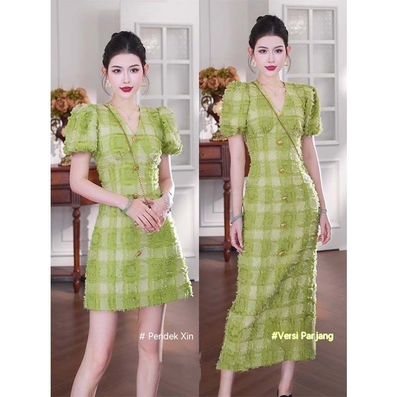 Gaun Wanita Warna Hijau Retro, Gaya Prancis Elegan, Gaun Pesta Mewah Musim Panas