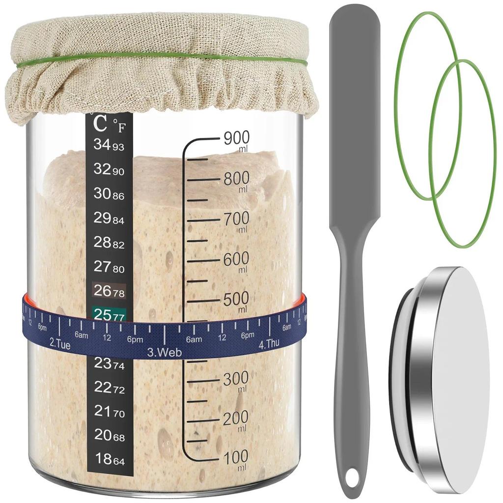 Sourdough Starter Jar 900ml Sourdough Starter Container with Spatula Feeng Band Reusable Glass Sourd