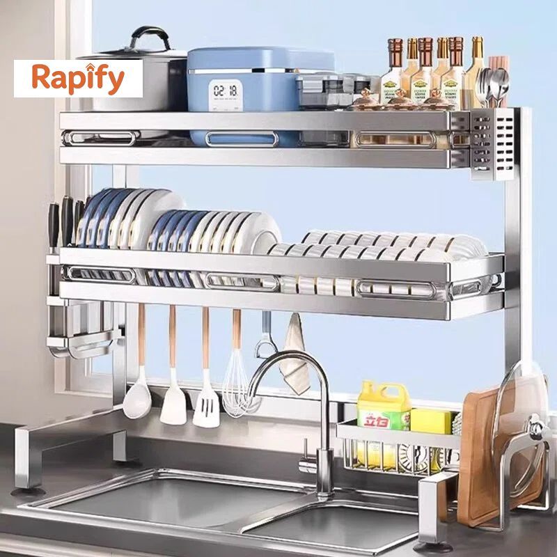 Rapify Rak Pengeringan Piring di Atas Wastafel Stainless Steel 102cm Rak Penyimpanan Dapur Multifung
