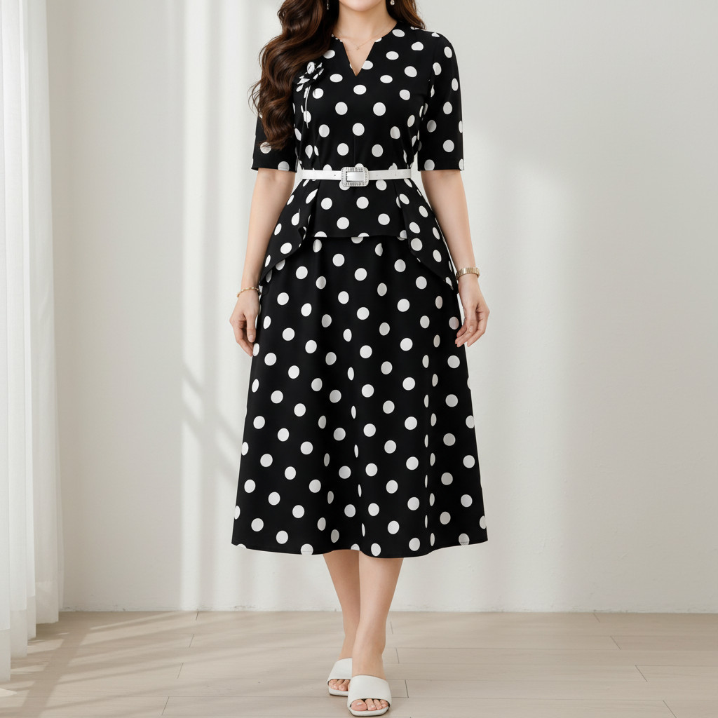 Dress Wanita (ada ukuran) Motif Polkadot Cantik Mewah IMPORT bahan Katun Premium 01455 - EC58