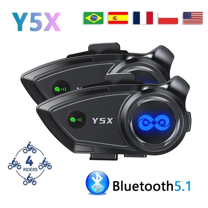 12PC Y5X Motorcycle Helmet Bluetooth Intercom Headset 4 Riders Group 5001000M IPX6 Waterproof CVC+DS