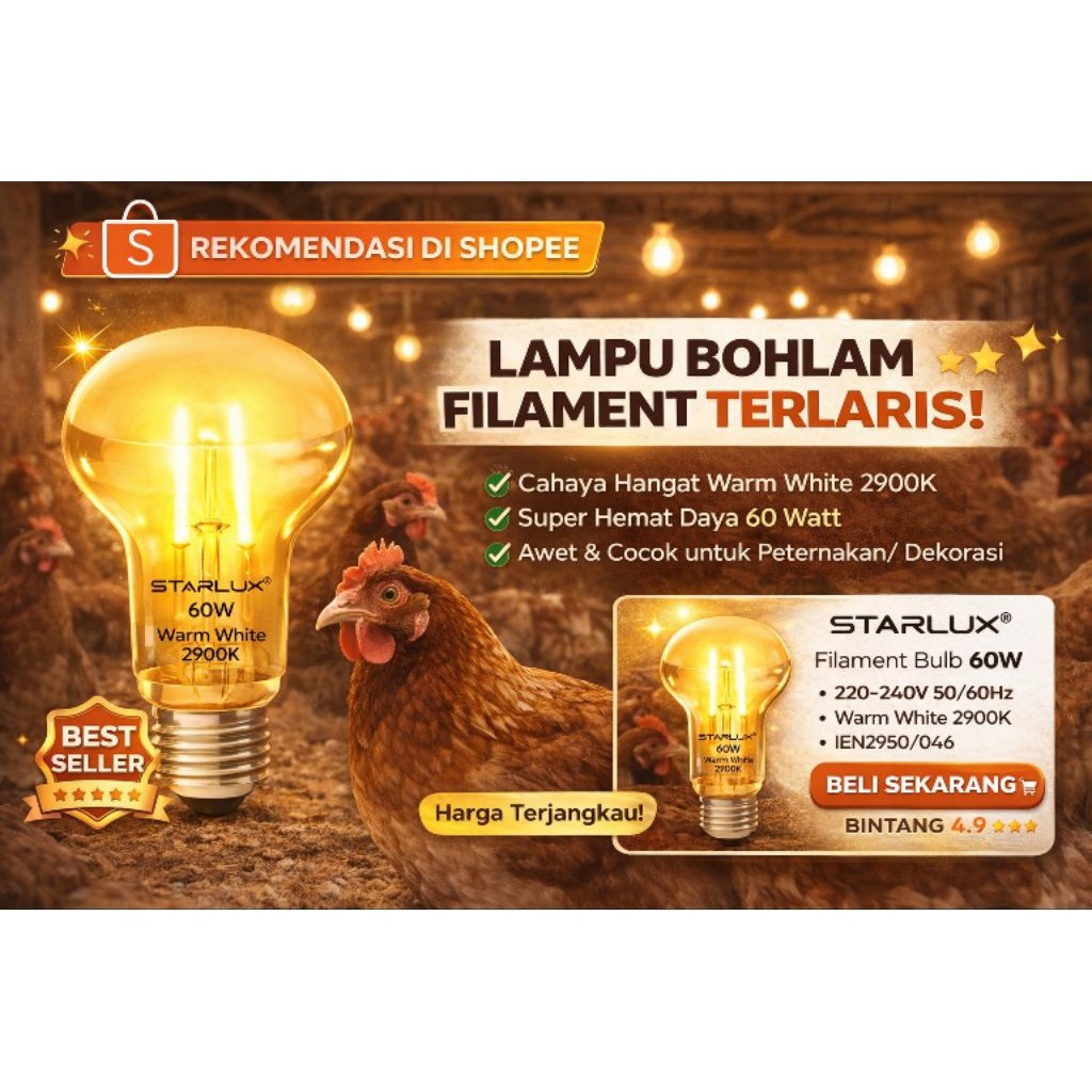 Lampu Penghangat Ayam STARLUX NR63 40W / 60W | Lampu Pijar Kandang Warm White Kualitas Oke