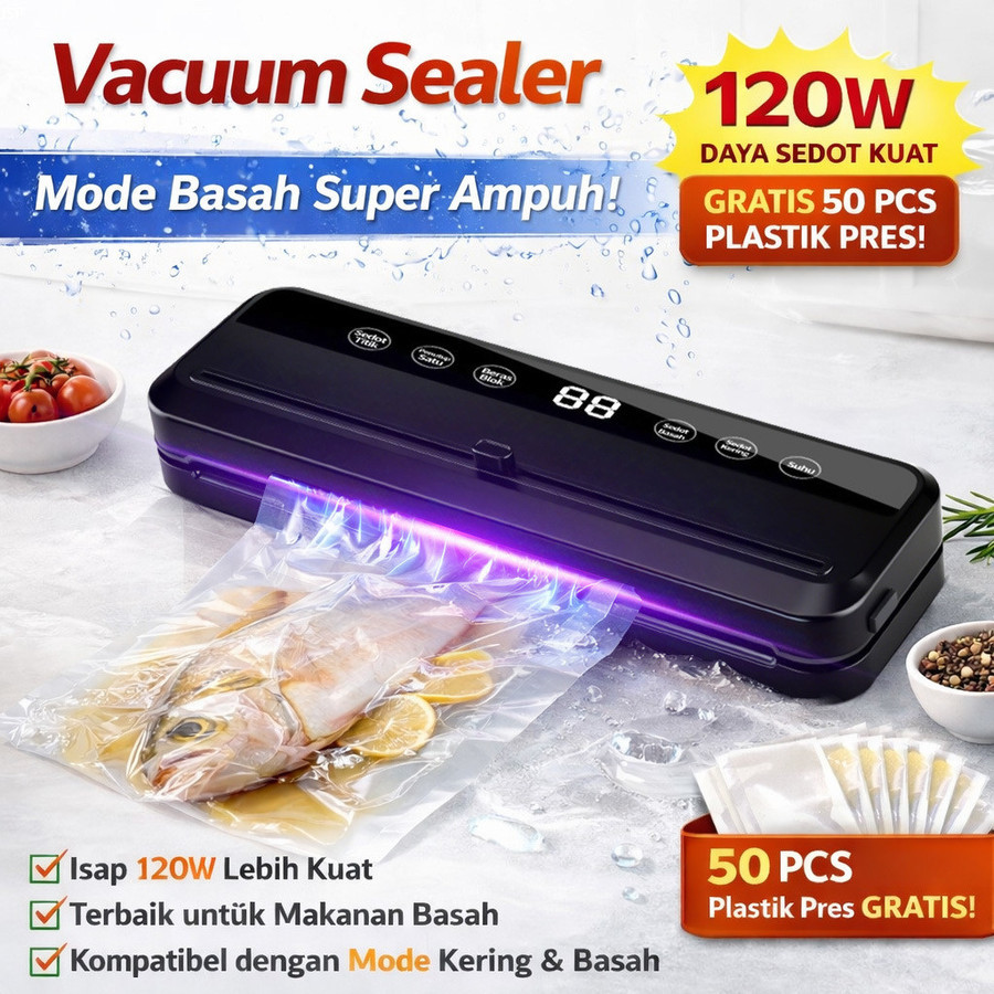 50PCS Kantong Vacuum Sealer 120W Mesin Pres Makanan Otomatis Kuat Sedot Tinggi Sealer Vakum Basah & 