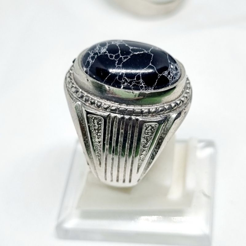 cincin pirus hitam urat putih / pirus persia / cincin batu akik pirus hitam ceplok kuro 525