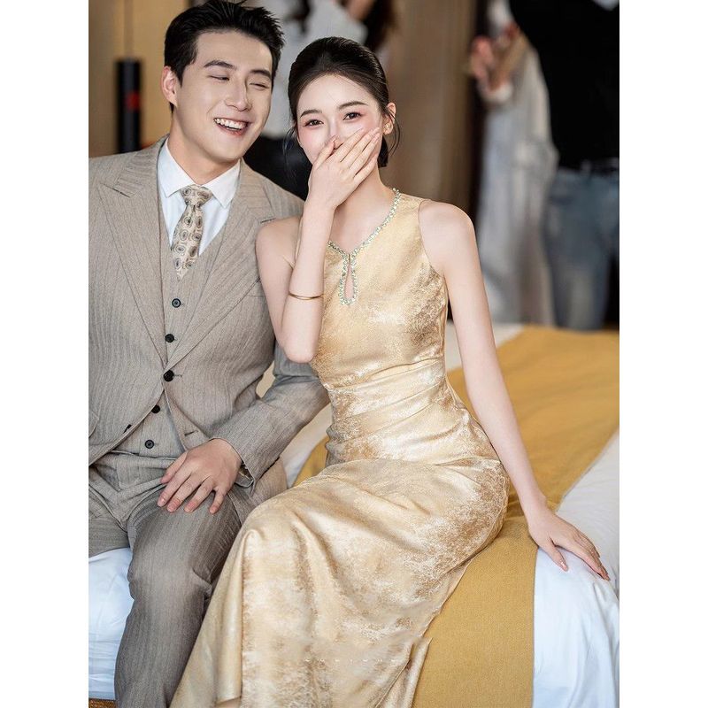 [Bulan Lembut] [COD] Gaun pertunangan, gaun pesta gaya Cina, gaun pengantin satin