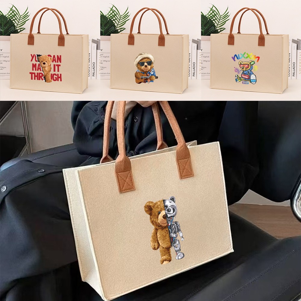 Felt tote bag Cute Women's White Felt Sling Shoulder Bag Bear Series- Tote Style Beg Bahu Sling Felt