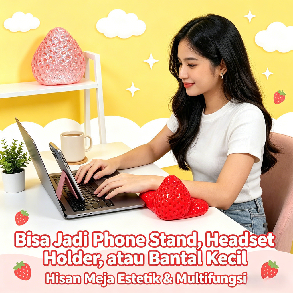 Mainan Squishy Strawberry Jumbo - Dekorasitempat HP Anti Stres (Merah & Pink Glitter)