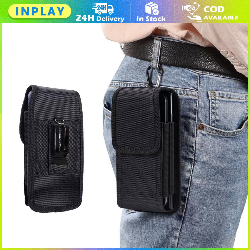 Tas Pinggang Ponsel Pria Bahan Nylon Oxford / Sarung HP Vertikal 1 Slot Dengan Slot Kartu / Klip Jep