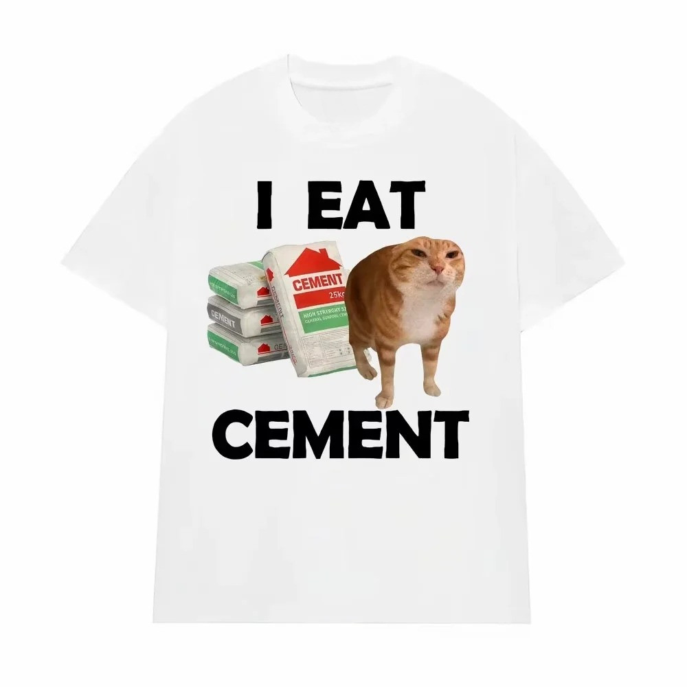 I Eat Cement Cursed Cat T Shirt Funny Meme Graphic Tee Shirt Fashion Casual Humor Vintage T-shirts S