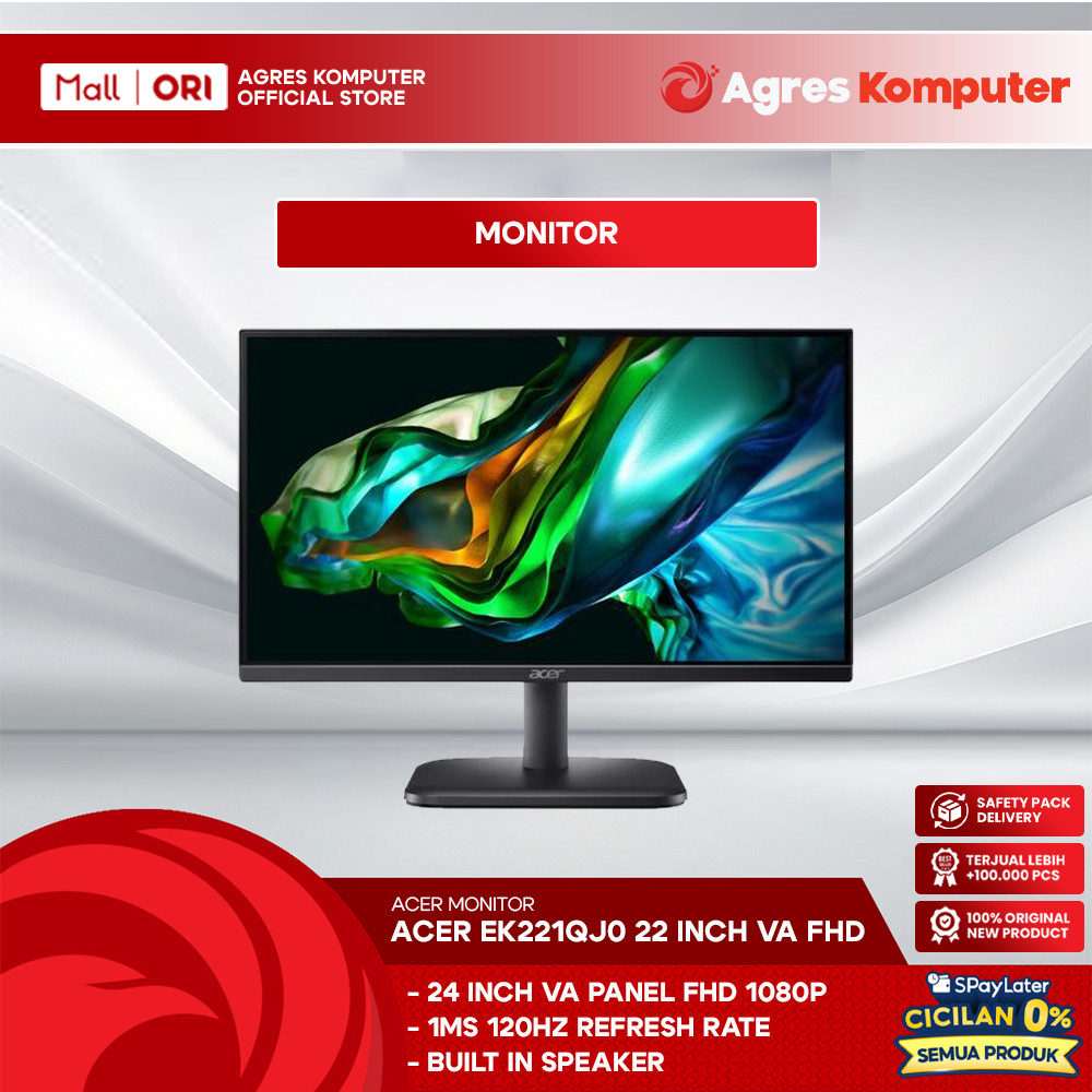 ACER MONITOR 22 INCH EK221QJ0 VA FHD 1080P 1MS 120HZ VGA&HDMI BULT IN SPEAKER ERGONOMICS 3Y SERVICE 