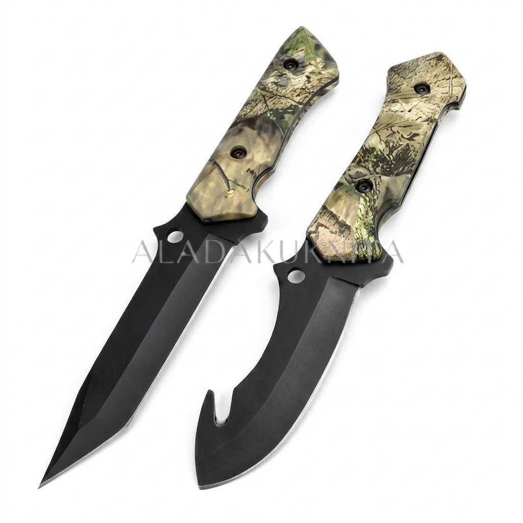 Pisau Berburu Hunting Knife Tactical Full Tang - Tanto & Gut Hook Skinner Camo Handle Pisau Berkemah