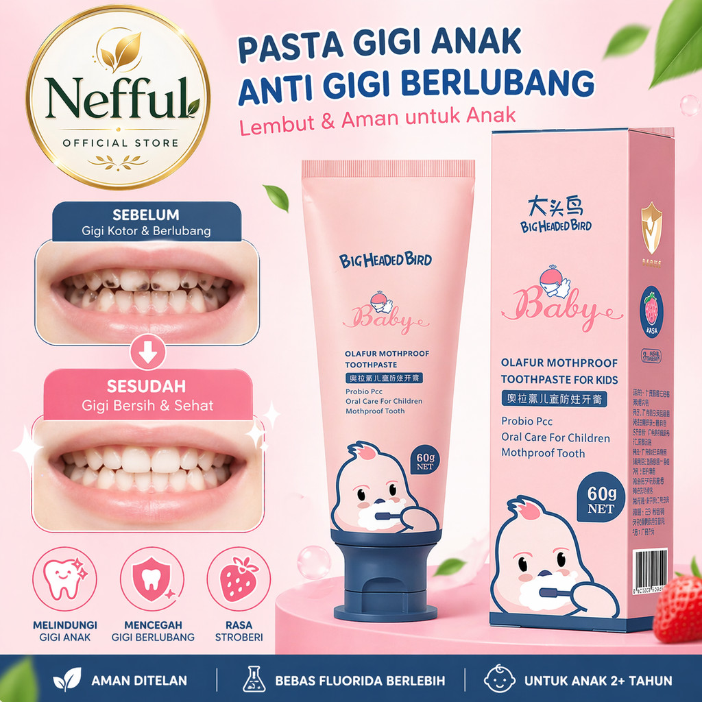 Nefful Big Headed Bird Pasta Gigi Anak 60g Rasa Stroberi Odol Anak 2+ Tahun Aman Ditelan Fluorine Re