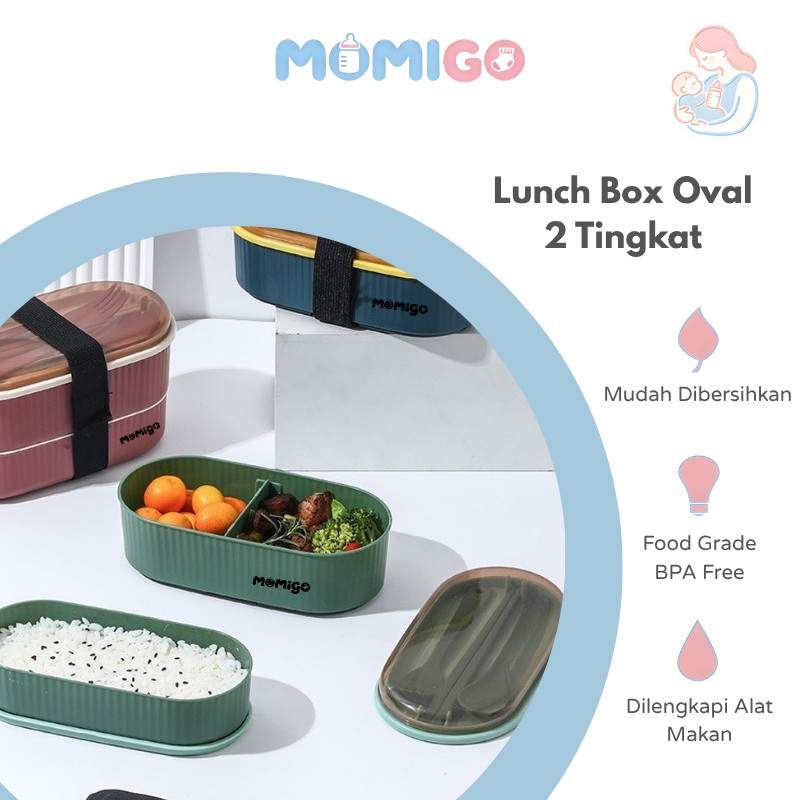 MOMIGO Tempat Bekal Anak Susun / Lunch Box 2 Tingkat / Kotak Makan Siang Jerami Gandum