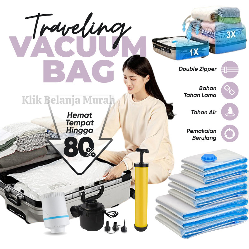 Vacum Bag Traveling Paket 5pcs Vacuum Bag + 1pcs Pompa Vacuum/ Set Traveling Vacuum Bag Plus Pompa V