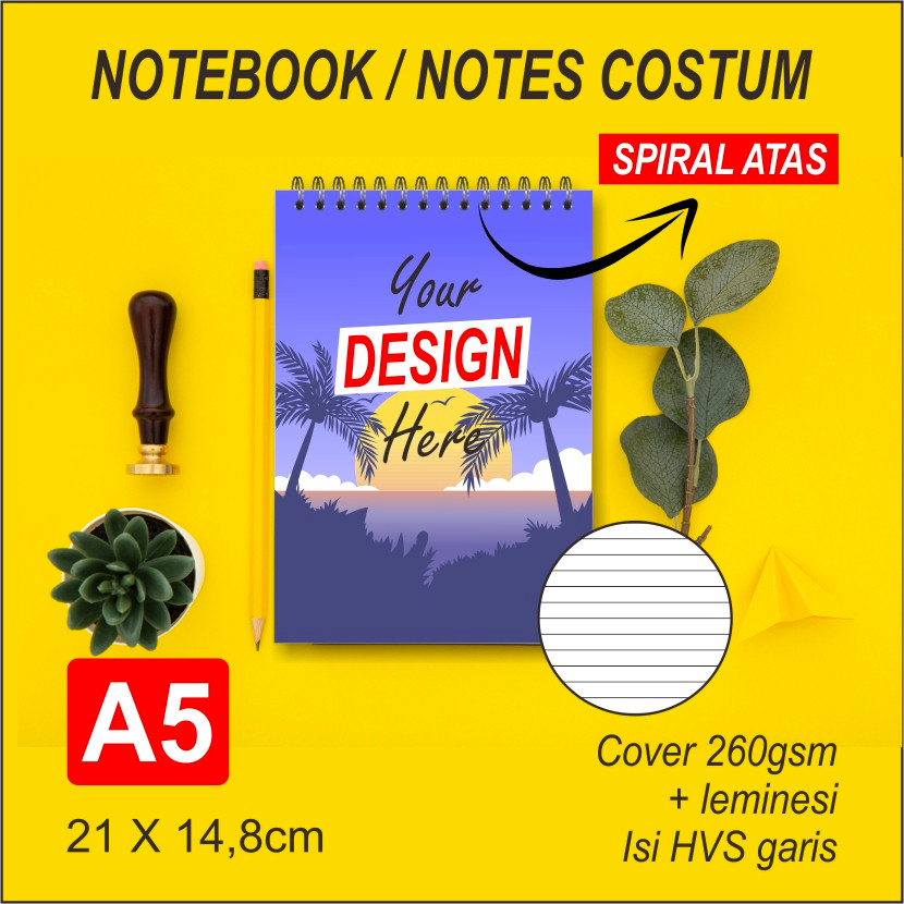 Notebook/notes spiral custom A5 isi hvs garis (spiral atas)
