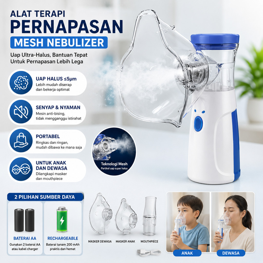 Nebulizer Handled Alat Terapi Pernapasan Uap Kabut Halus Mesh Portable Inhaler Atomizer USB Recharge