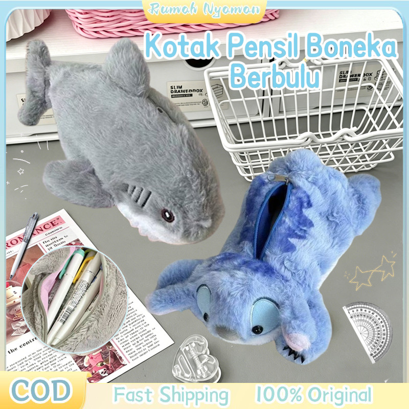 Kotak Pensil Boneka Berbulu  Tas Pensil Shark Besar Kapacity  Tempat Pensil Bulu Lembut Desain Lucu 