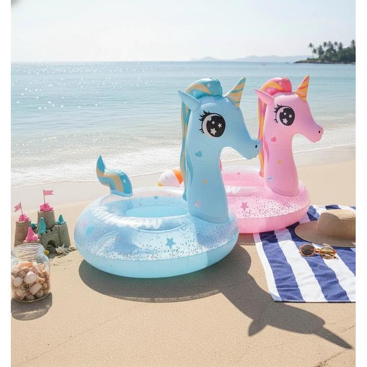 Pelampung Renang Unicorn Anak Glitter Transparan 75cm Ban Pelampung Kolam Pantai Lucu Estetik Summer