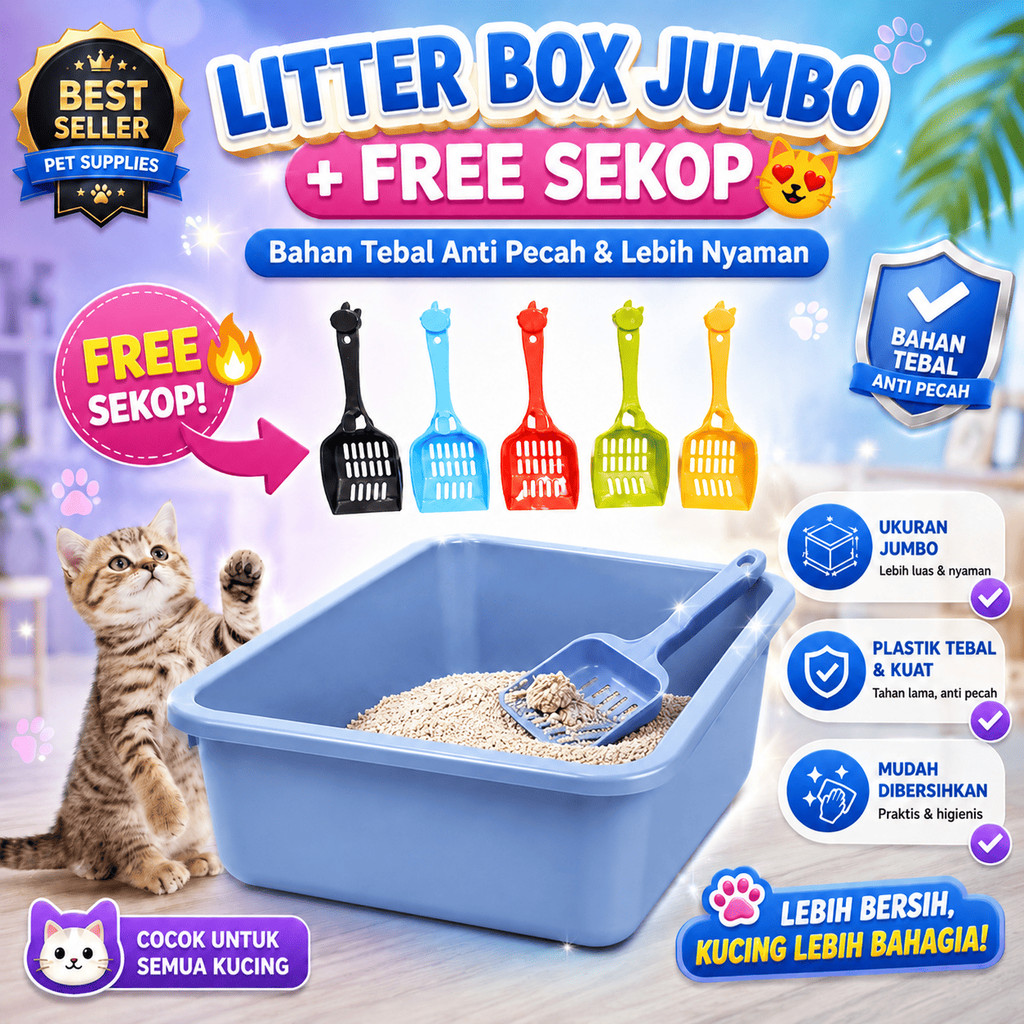 [GROSIR] LITTER BOX KUCING JUMBO FREE SEKOP PASIR UKURAN 38 X 32 X 12 CM | TEMPAT KOTORAN KUCING DAN
