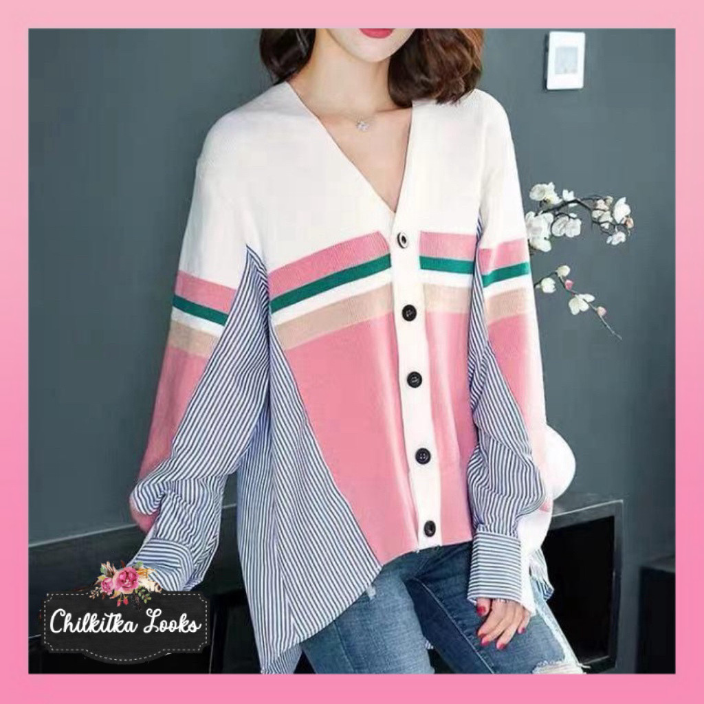 CHILKITKA LOOK LOVELY KOREAN FASHION termurah kemeja mix rajut salur nagita tag label