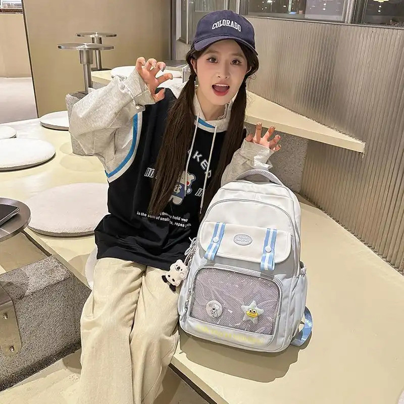 Tas Ransel Anak Perempuan Warna Kontras Biru Putih Desain Kartun Lucu Kapasitas Besar Melindungi Tul