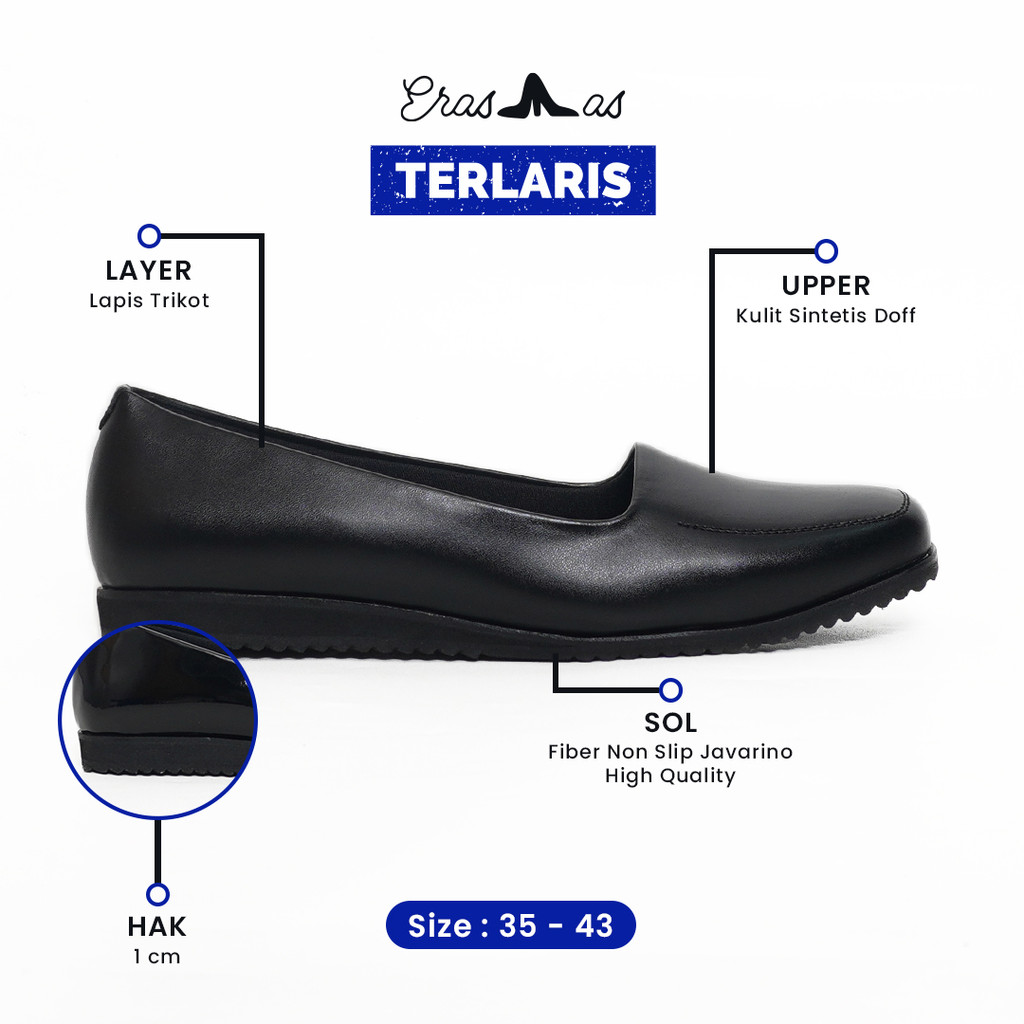 ERASMAS B3 Pantofel Wanita 1cm Hitam Sepatu Kantor Formal Elegan Nyaman Dipakai