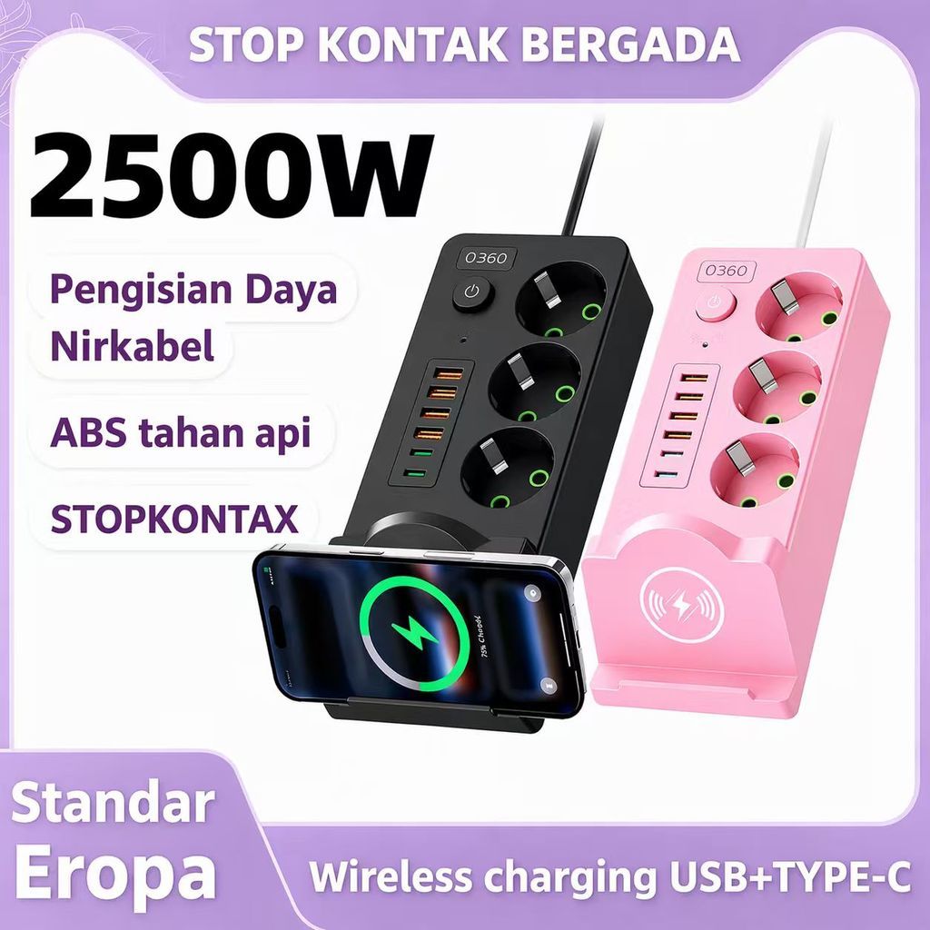 COD  2026 Supports wireless charging Power Strip Elektrik Stop Kontak Berganda Warna Pink Aesthetic 