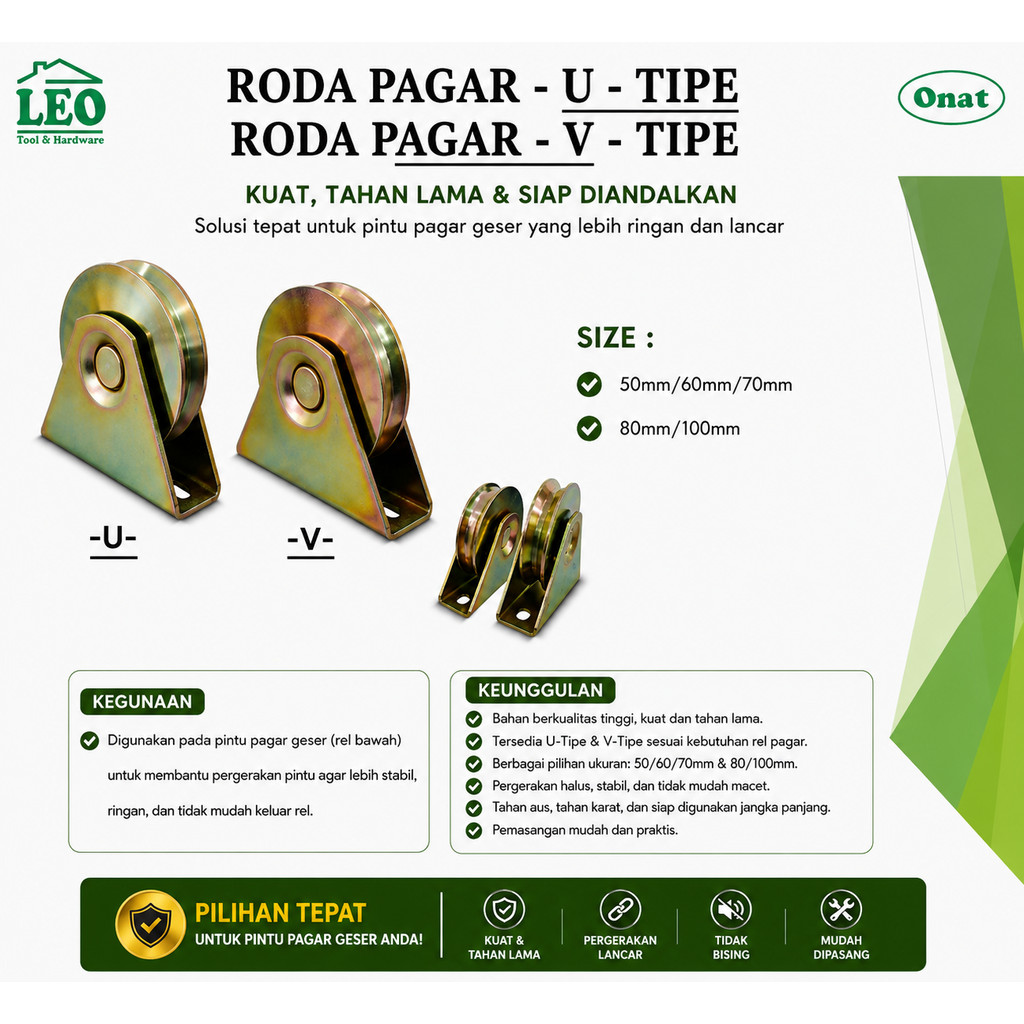 Roda pagar pintu gerbang geser rel bubut besi katrol model tipe type u v