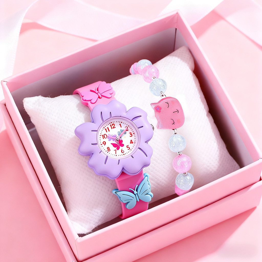 Anak-anak Jam Tangan + Gelang + Kotak Anak-anak Jam Tangan Silikon Bunga Pola Gadis Jam Tangan Anak-