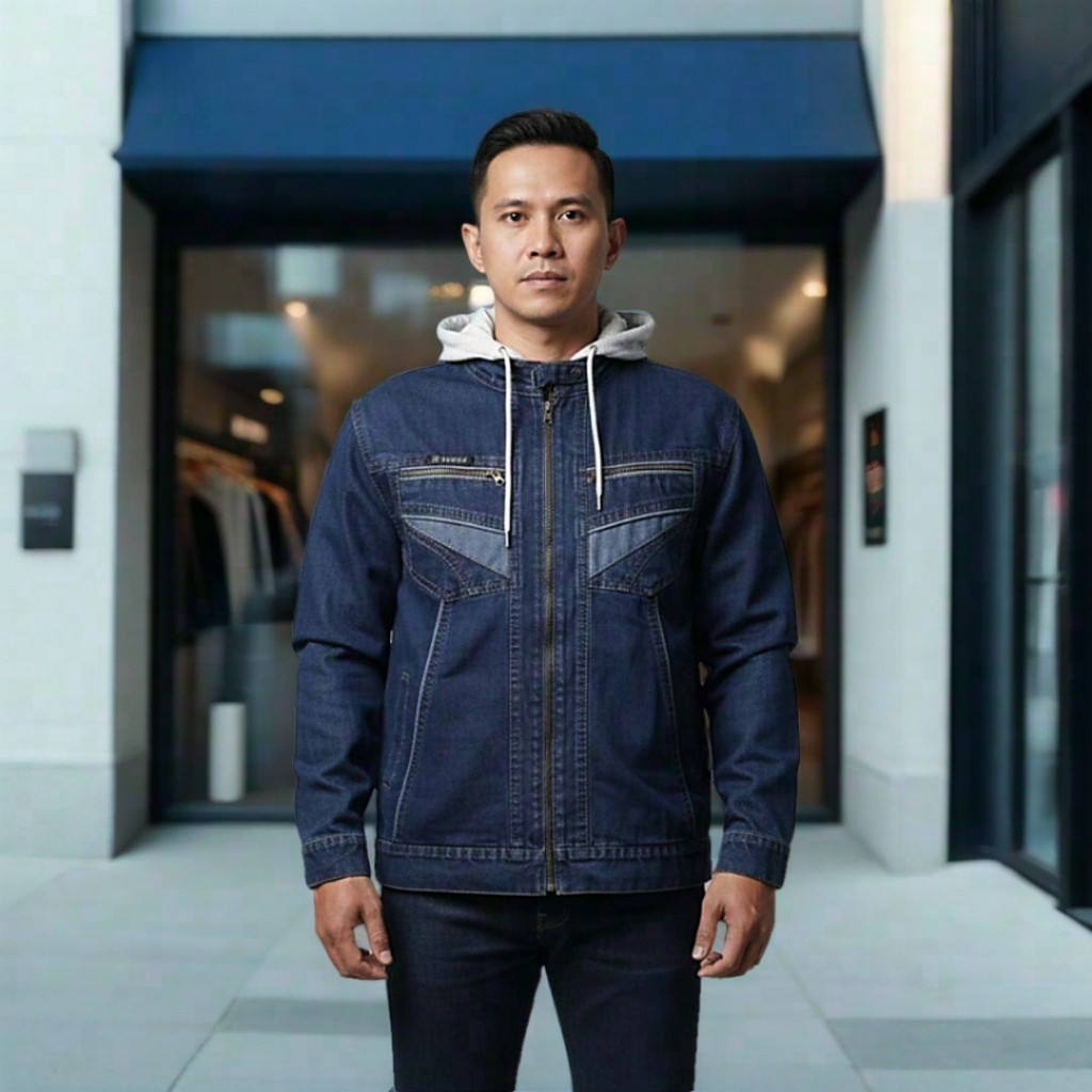 jaket jeans zipper hoodie pria wanita  hitam denim keren