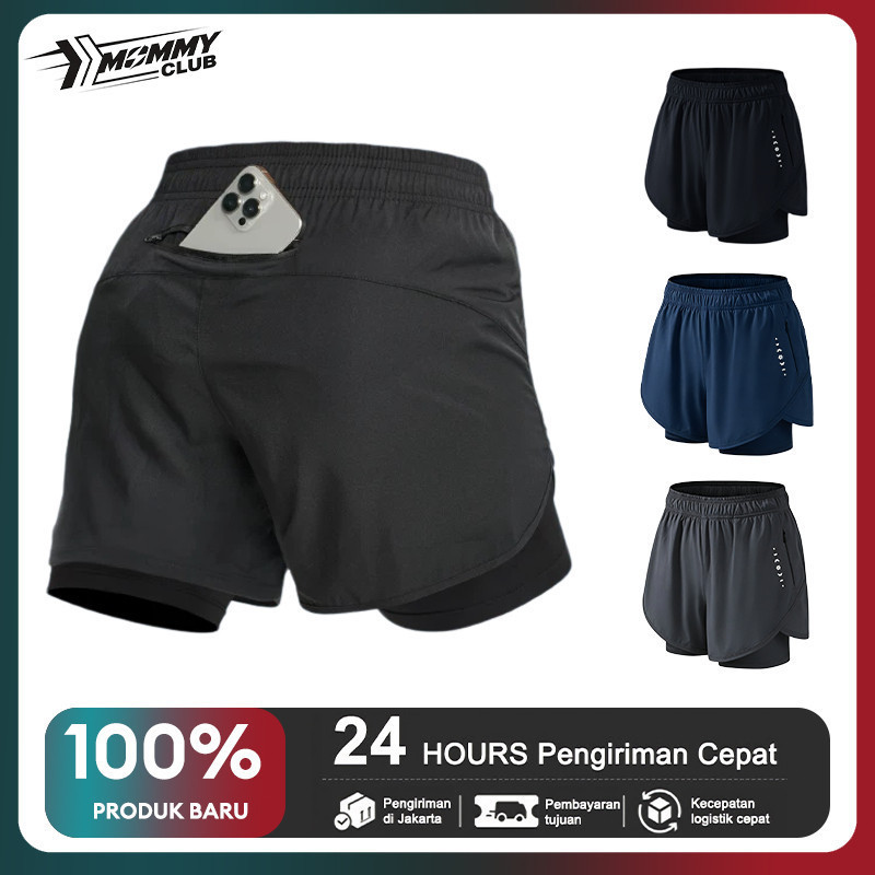 Celana Olahraga PRIA Hidden Pocket Dua Layer Celana Sport Pendek Wanita Hotpants Senam Gym Fitness Y