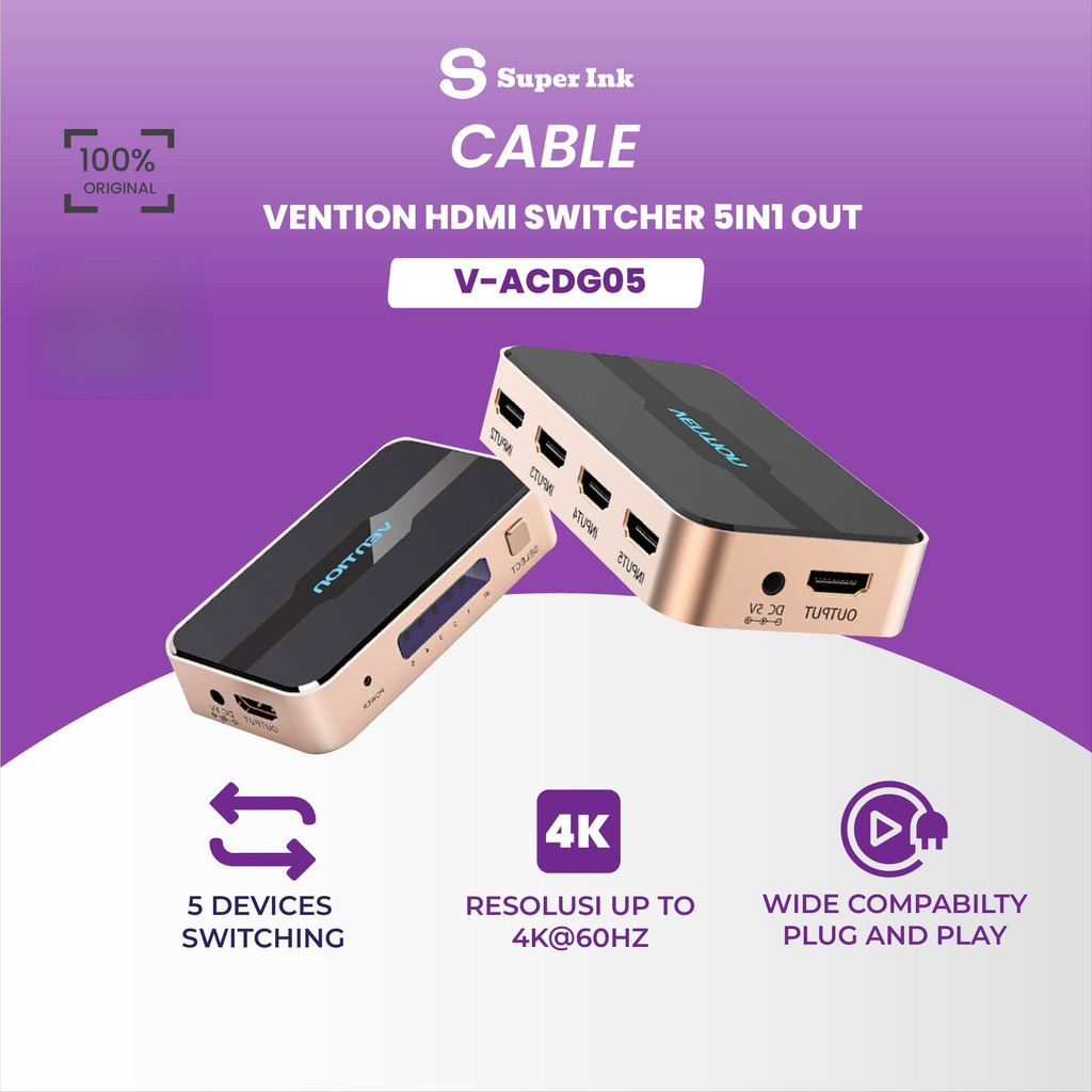 Vention HDMI Switc 5 in 1 Out ACDG | Dukungan Resolusi 4K UHD | HDMI Otomatis & Manual
