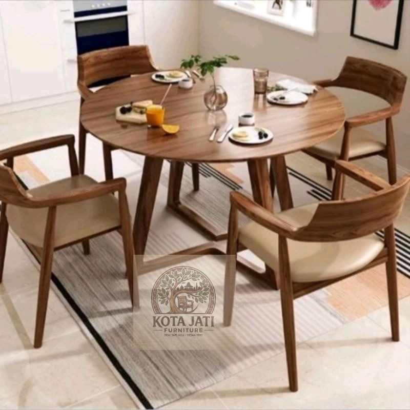 meja makan kayu jati || Meja Makan Bulat Asli Jati - Set Kursi Makan Kayu Jati