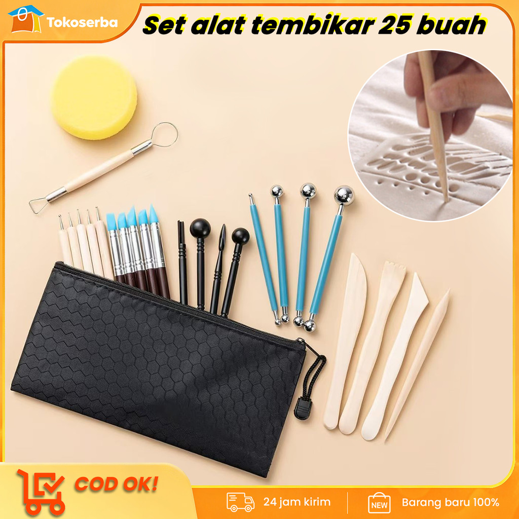 25 Pcs Butsir Set - Alat Ukir Tanah Liat & Polymer Clay, Dual-Ended, Gagang Kayu Halus - 25 Pcs Dual
