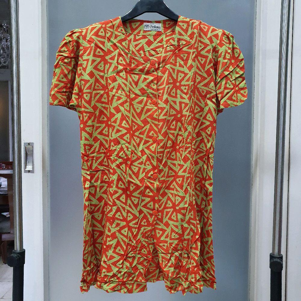 R setelan wanita baju celana pendek batik pratama oren hijau preloved second pakaian cewek minidress