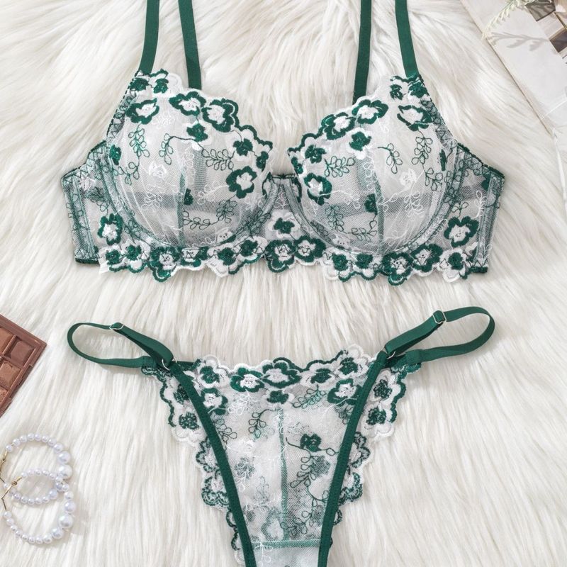 LadyAllure COD Set Bra Hijau Floral Transparan Seksi 3/4 Cup Underwire Push Up T-Back French Lingeri