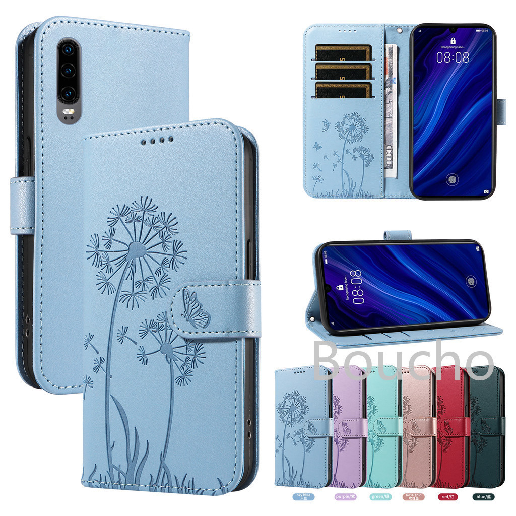 Casing Ponsel Kulit Motif Dandelion Emboss Dompet Tempat Kartu Stand Flip Cover Mewah untuk Huawei P