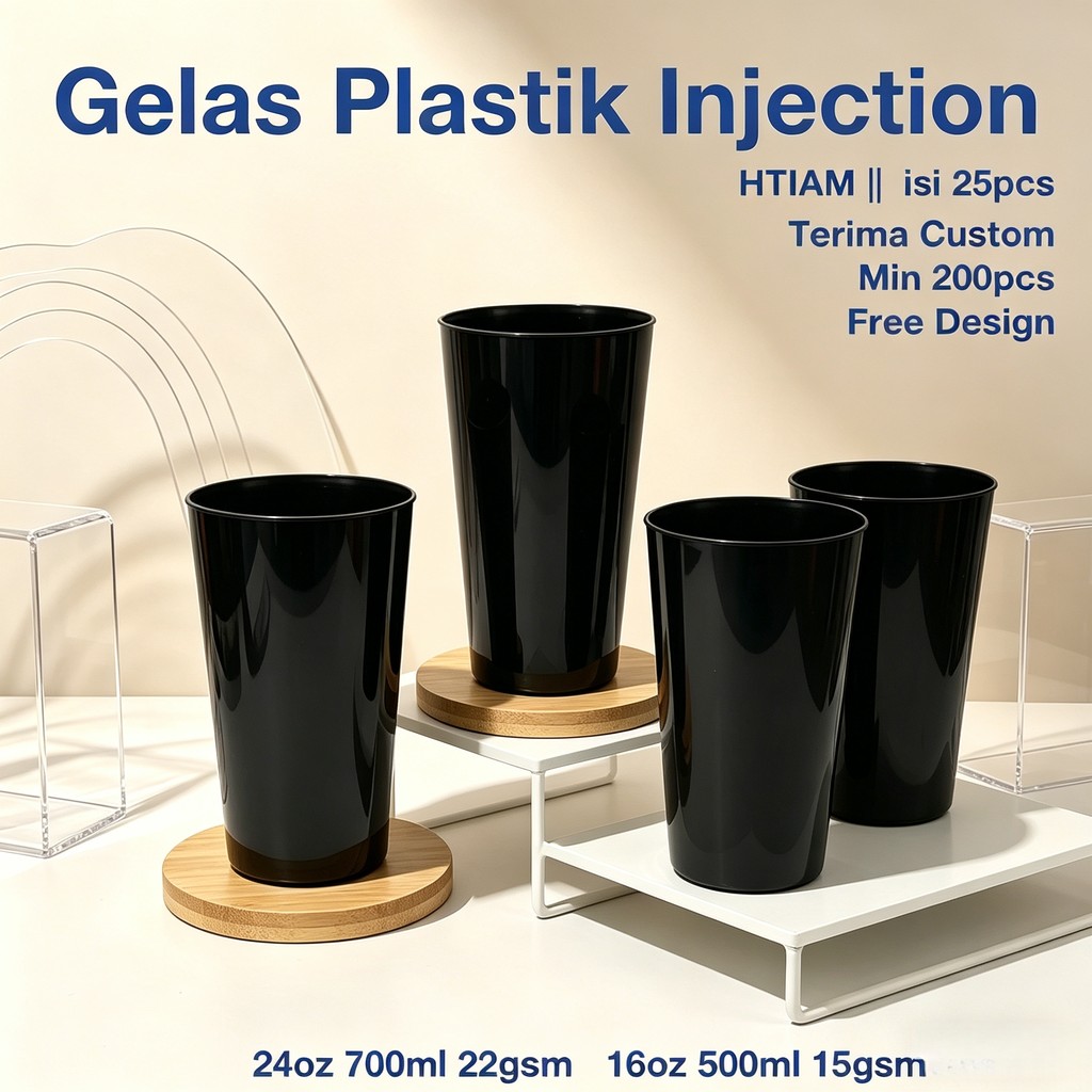 [25pcs] Cup Plastik Injection Hitam 16oz 24oz + Tutup | Food Grade Aman | Anti Bocor | Tebal Premium
